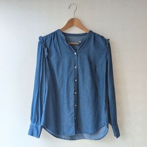Denim Ruffle Shoulder Button Down Long Sleeve